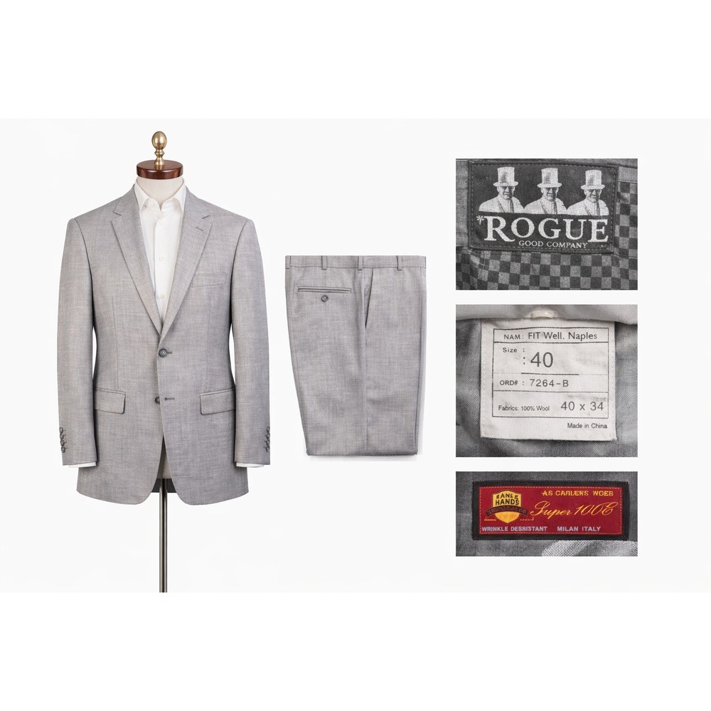 Rogue & Co Mens‎ Gray Suit 40 Super 140s Virgin Wool 2 Button Modern Tailored